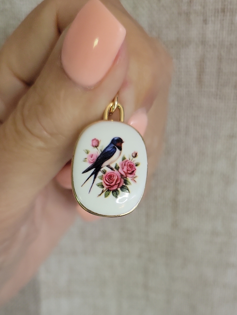 Porcelain Bird Pendant with Pink Rose Motif - Gold Trim